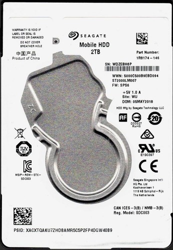 Disque Dur Seagate 2To 2.5″ ST2000LM007 – SATA – Occasion (Modèle 1R8174-286)