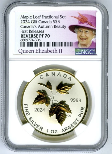 2024 QUEEN ELIZABETH REIGN $5 1 OZ CANADA SILVER NGC PF70 MAPLE LEAF W/ GOLD  FR
