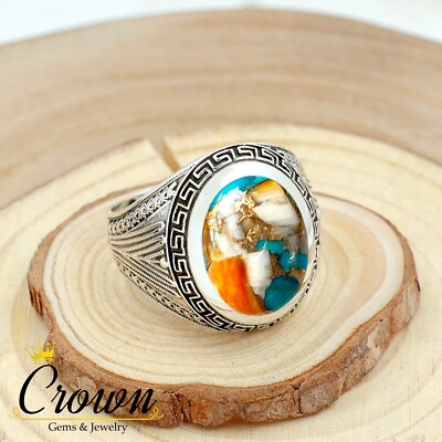 Spiny Oyster Turquoise Oval Cut 925 Sterling Silver Handmade Men's Ring Jewelry