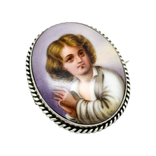 Victorian hand-painted porcelain portrait boy brooch, twisted rope silver frame - Picture 3 of 11