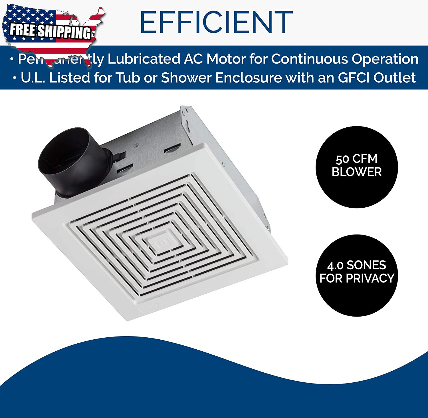 BroanNutone 688 Ceiling Ventilation 50 CFM 4.0 Sones White Bath Fan Inox Wind