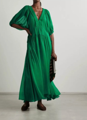 La Ligne Silk Sheer Constance Maxi Dress and Slip - S - Emerald Green