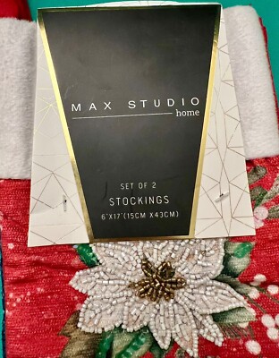 MAX STUDIO SET 2 EMBELLISHED BEADED HOLIDAY CHRISTMAS STOCKING RED BLUE NEW