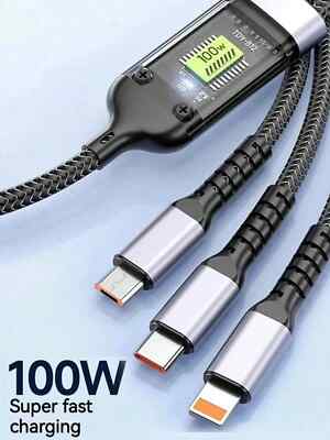 3-In-1 100W 5A Fast Charging USB To Type-C Micro Fast Charging Cable Compatible