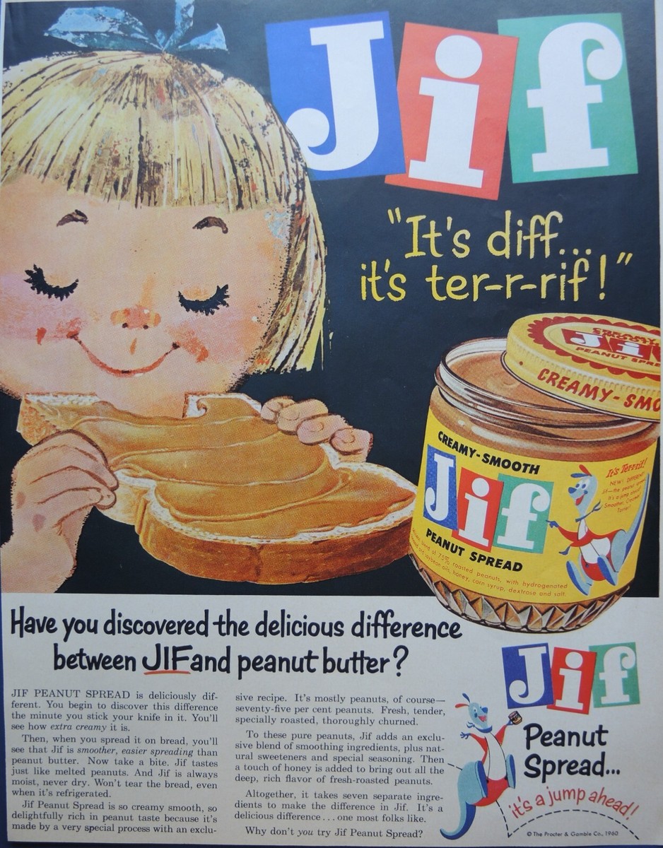 JIF PEANUT BUTTER PRINT AD 1960 CREAMY SMOOTH PEANUT SPREAD PROCTER  GAMBLE