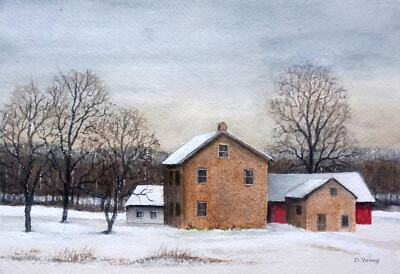 Orig. Framed Watercolor & Gouache Painting - A Winter Snow Scene by David Young