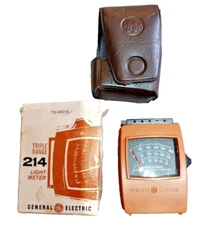 Vtg GE General Electric Footcandle Range Triple Range Light Meter w. Case & Box