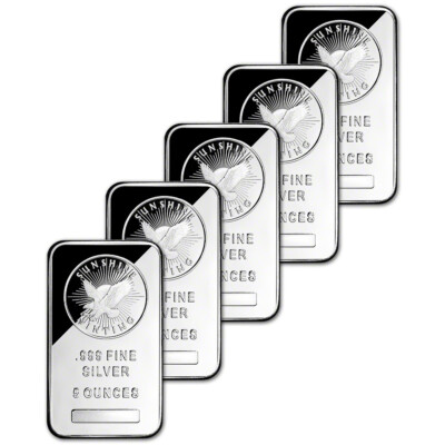 FIVE (5) 5 oz. Silver Bar - Sunshine Minting - .999 Fine - Sealed