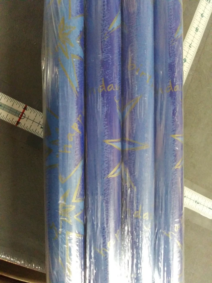 8 Rolls Gift Wrap 12.5 SQ FT Blue gold happy birthday 2ft 6in by 6ft NIP gibson - Image 2 of 4