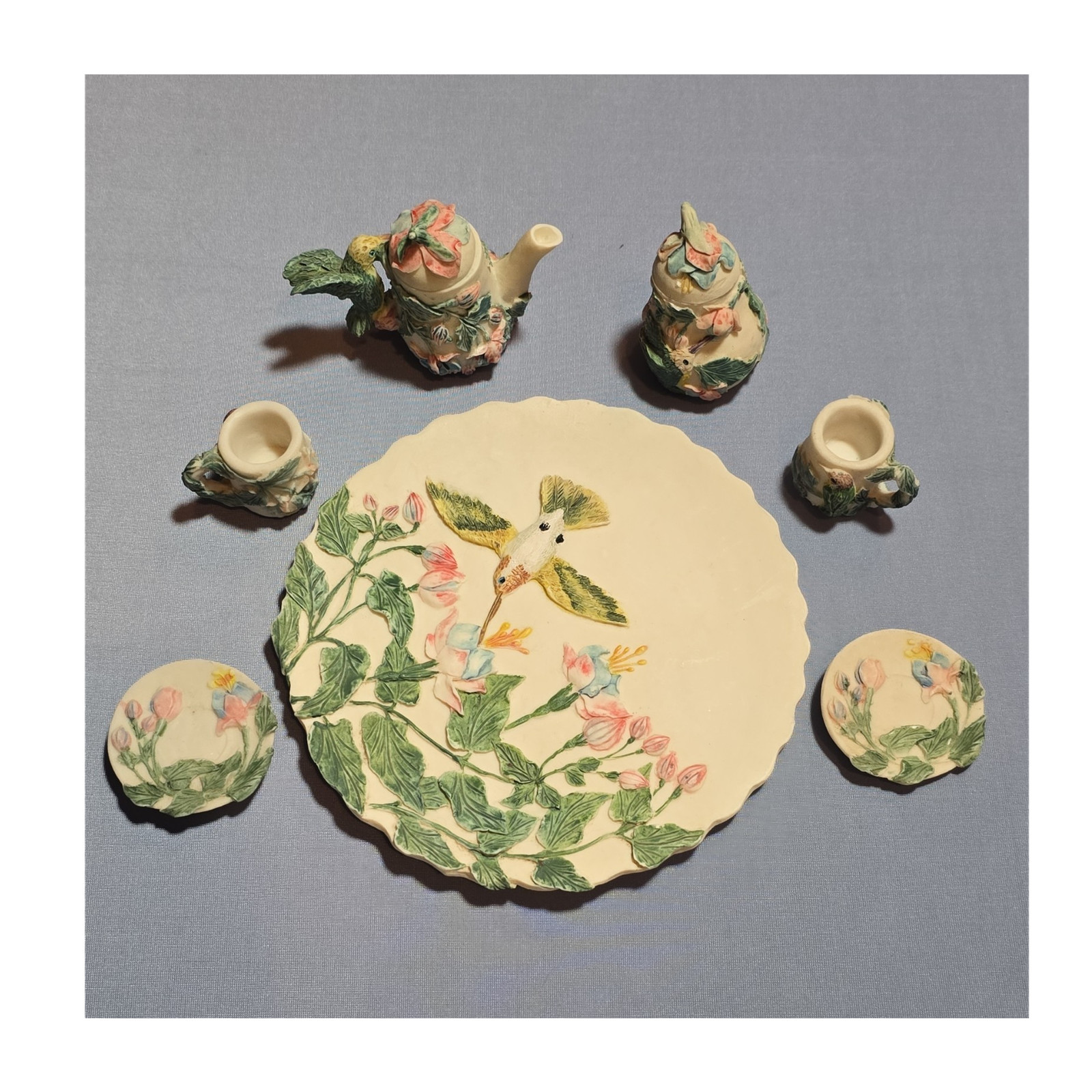 Popular Imports 1997 Vintage Mini Hummingbird Floral Ceramic Tea Set 6pc 1oz