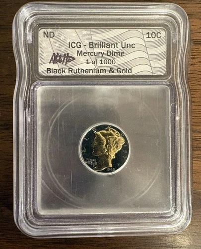 1944 P Mercury Dime ICG Brilliant Unc. Black Ruthenium/Gold SIGNED Mint Cond