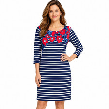 Talbots Petite XL Dress navy Stripe Floral 100% Cotton 3/4 Sleeve XLP