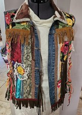 Upcycled Altered Boho DENIM VEST Patchwork Lace  FRINGE Women MEDIUM Fabric Art