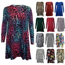 New Women Ladies Long Sleeve SWING Midi Shirt Flared Skater Dress Top UK Size