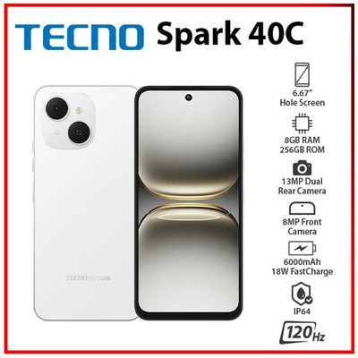 (New) TECNO Spark 40C 8GB+256GB WHITE Dual SIM Unlocked Android Cell Phone