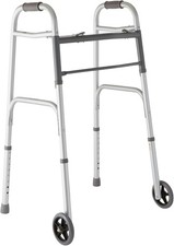 Medline Lightweight Two Button Folding Walker with 5" Wheels, Aluminum Frame Sup