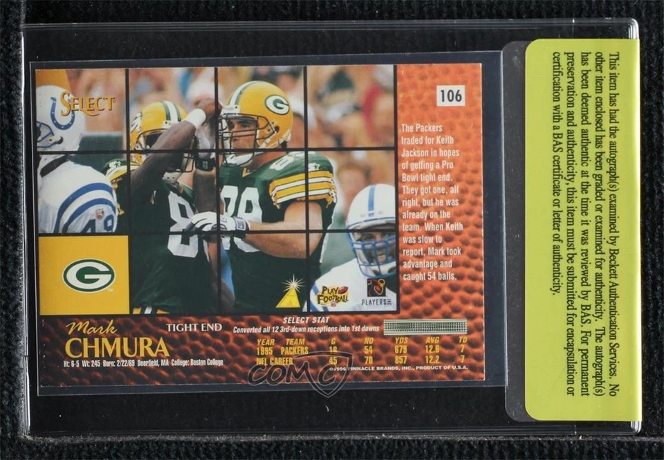 BAS 1996 Select Mark Chmura #106 Authentic Auto Rookie RC - Image 2 of 2