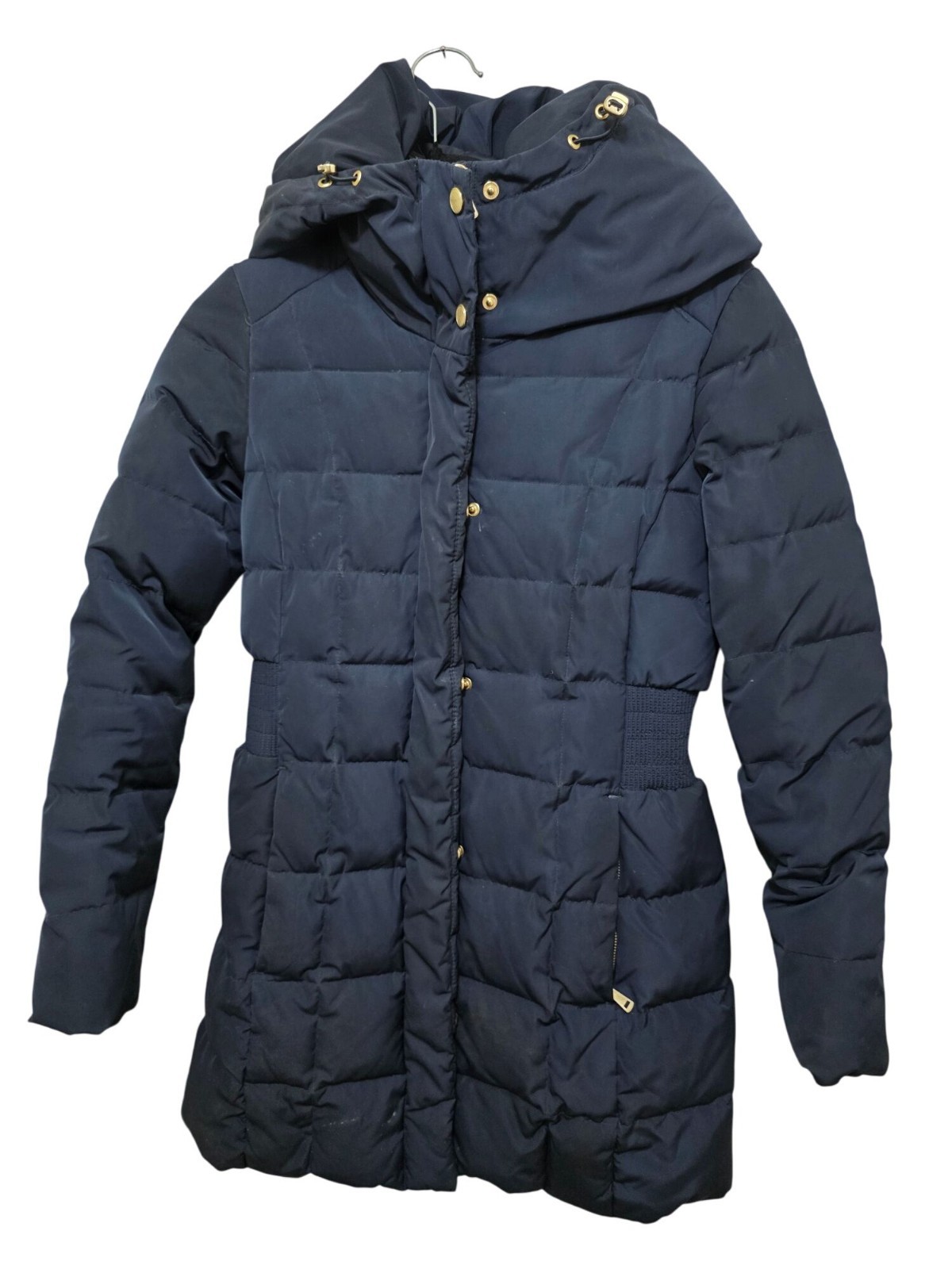 Cole Haan Womens Navy Quilted Puffer Coat with Detachable Hood Gold Elastic Trim