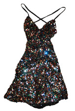 Lulus Multi Color Sequin V-Neck Mini Dress Rainbow Back Tie Party Size XS NEW
