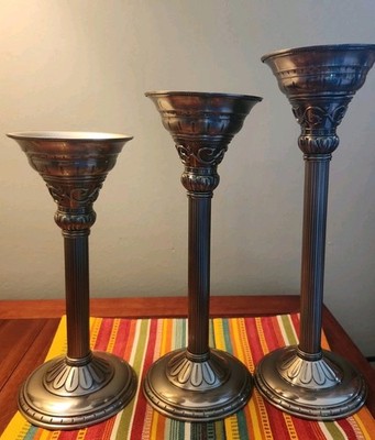 3 PartyLite Brushed Silver Column Taper Pillar Candlestick Candle Holders