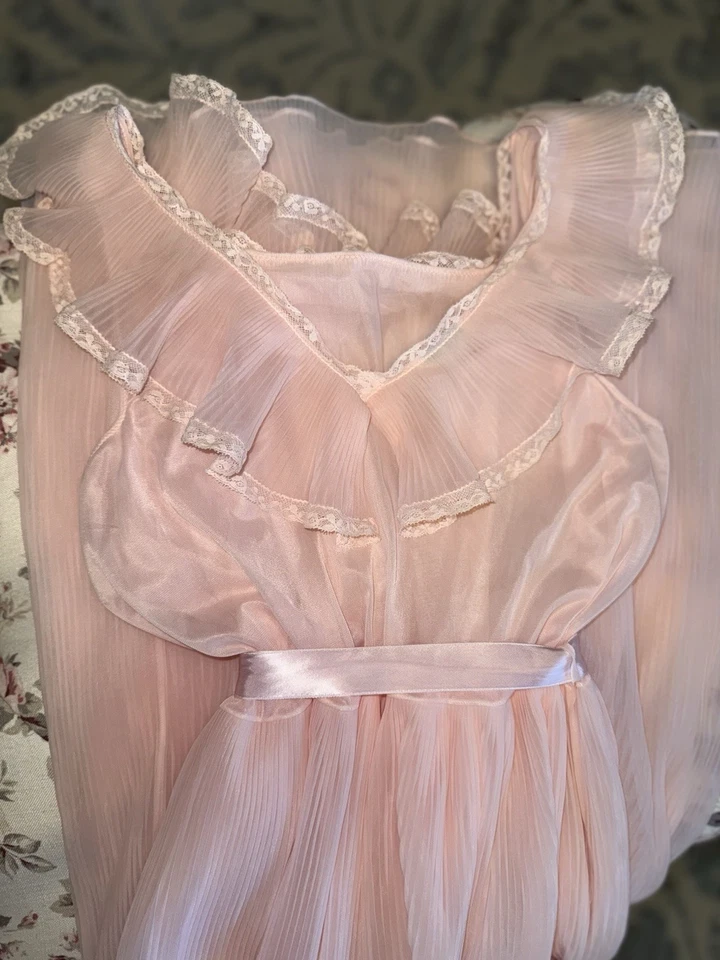 Vintage Pink Satin Rayon Lace Nightgown Nan Flower Bridal Rare Lingerie - Image 2 of 4