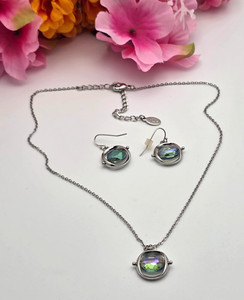 Cookie Lee AB Crystal Spinner Pendant Necklace Earrings Set Silver Tone 19 In