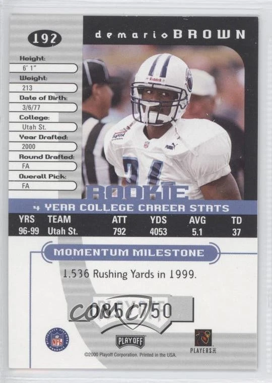 2000 Playoff Momentum Rookie /750 DeMario Brown #192 Rookie RC - Image 2 of 2