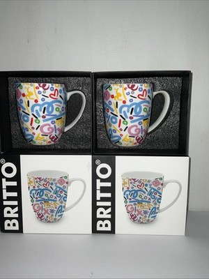 ROMERO BRITTO FINE BONE CHINA BRUSH STROKES SERIES 2 COFFEE MUGS 16oz. NIB