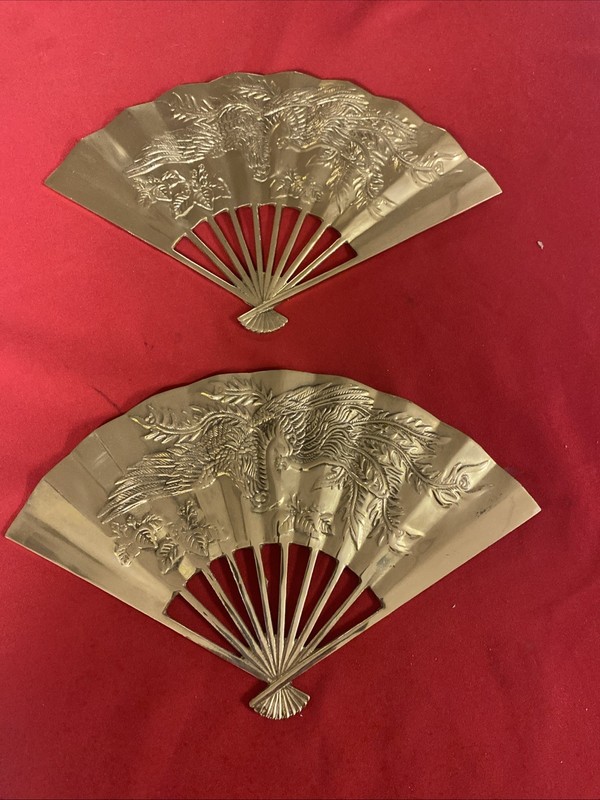 Vintage Mid Century Solid Brass Phoenix Bird Fan Wall Decor 7x11" Set of 2 Fans
