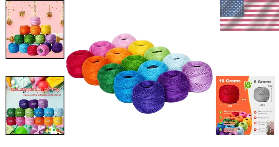 Colorful Rainbow Cotton Thread Set — 15 Pearl Balls for Crochet & Embroidery - Image 2 of 4