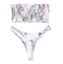 Zaful 2-Pc Bikini Swimsuit Sz 6  Multicolor Floral Smock Bandeau Hi Cut New NWT