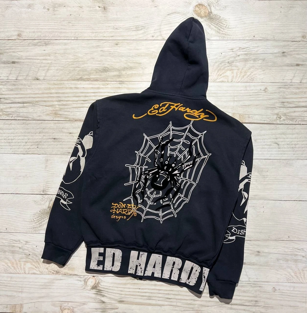 Vintage Ed Hardy Hoodie Full Zip Skull Spider Scorpion Y2K Blue