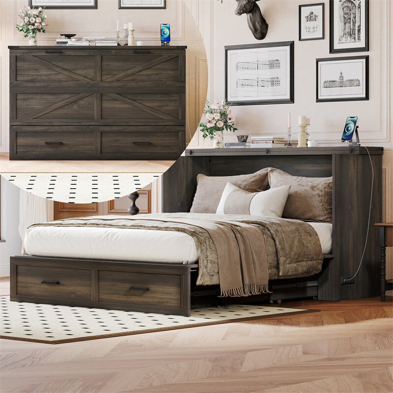 Rustic Gray Queen Murphy Cabinet Bed with Charging Station & Spacious Drawer