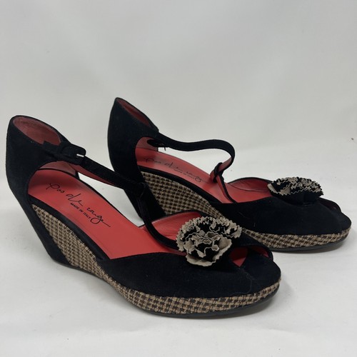 Womens Pas de Rouge T-Strap Hidden Wedge Heels 40/8.5 Black Suede Shoes Italy - 第 2/14 張圖片