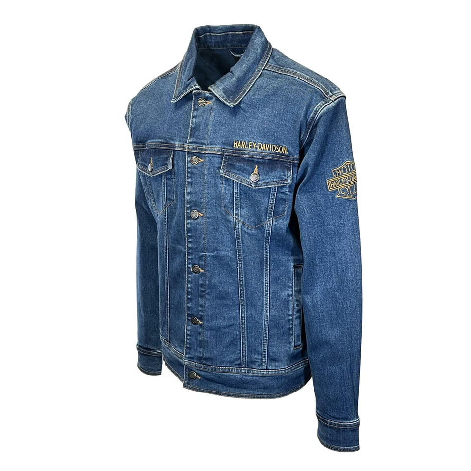 Jaqueta jeans Harley-Davidson masculina índigo escura bordada ponto corrente (S77) - Imagem 3 de 4