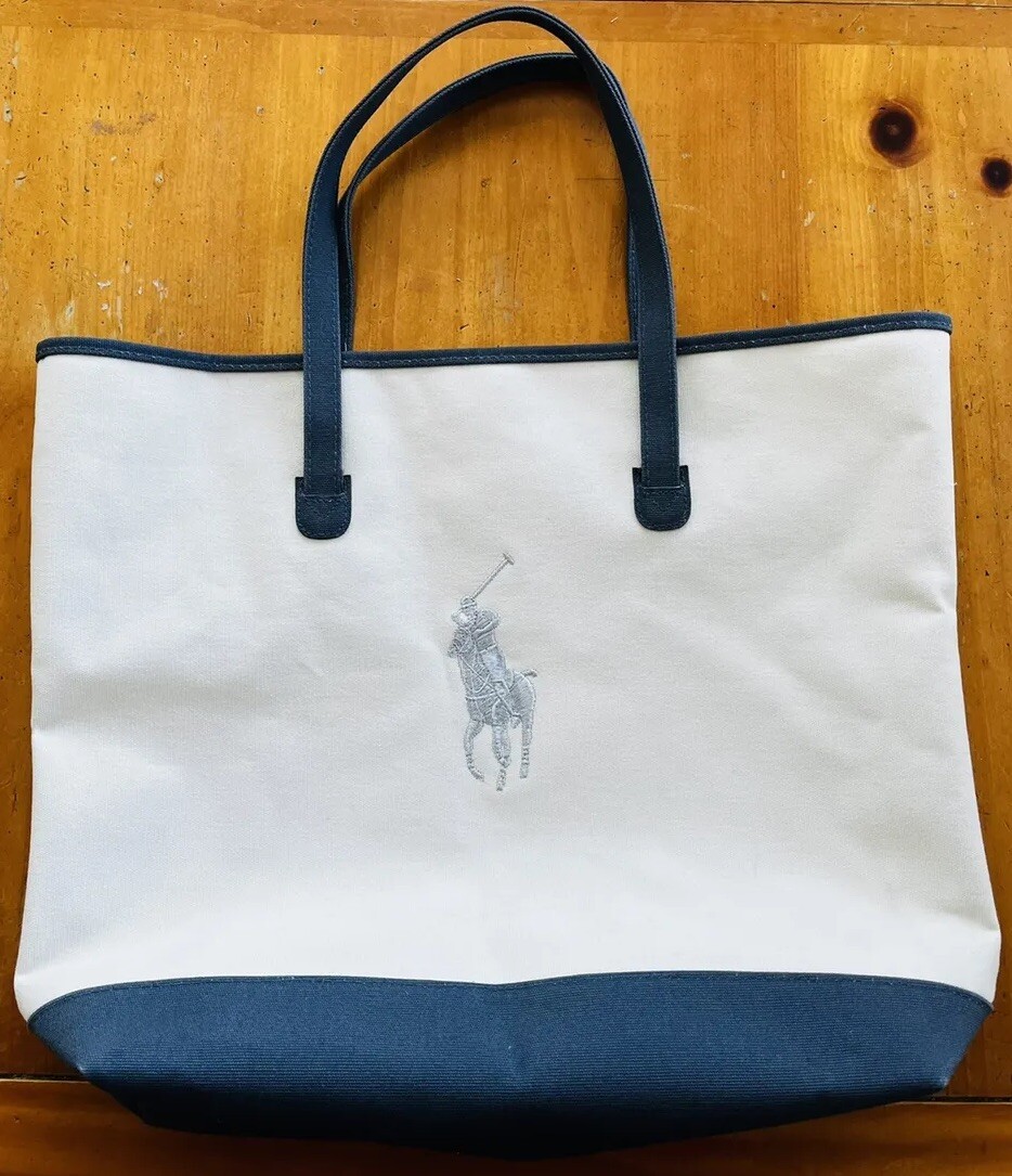 Polo Ralph Lauren Borsa Tote Biologica Cotone Tela Grigia Argento Logo Grande Pony