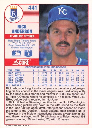 1989 Score Baseball Rick Anderson Kansas City Royals #441 - Picture 2 of 2