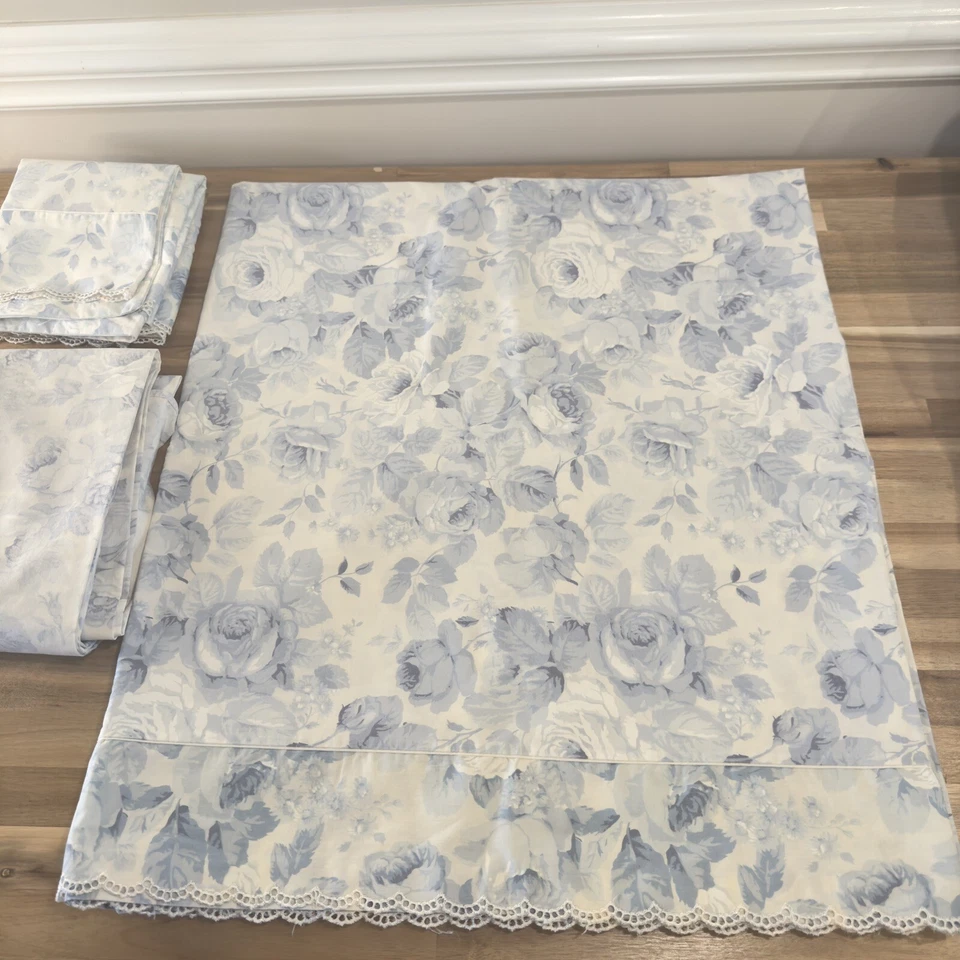 RARO Conjunto de Lençóis Eileen West Martex Queen 4 Peças Azul Peônia Floral Ilhós Renda Antigo - Imagem 3 de 4