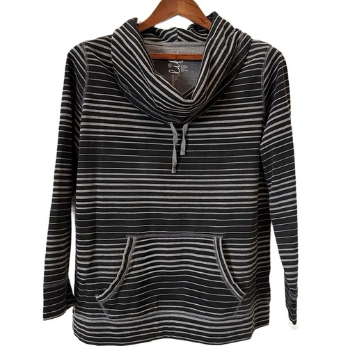 Made For Life Sweatshirt Women's L Gray Black Stripe Cowl-Neck Kangaroo Pocket - Picture 3 of 14