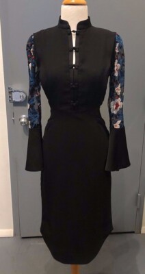 Mame Kurogouchi Ikram Black Botanical Lace Sleeve Mandarin Dress  