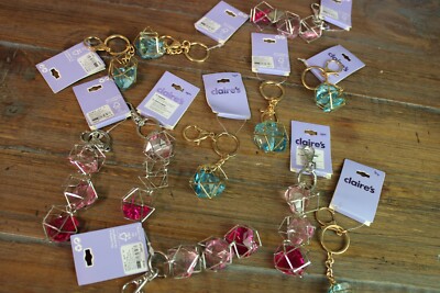 Lot/Set/11 Claire s Girls Caged Heart Crystal Keychain with Pink/Aquamarine Blue