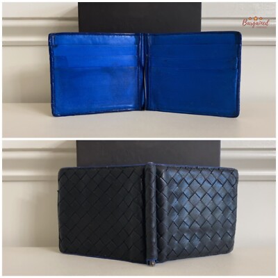 Authentic Bottega Veneta Black/Blue Intrecciato Leather Money Clip