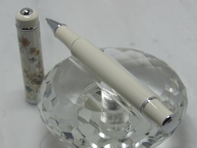 UNIQUELY STUNNING DESIGNER OFF WHITE ROLLER BALL PEN - BUTTERFLY GARDEN CAP