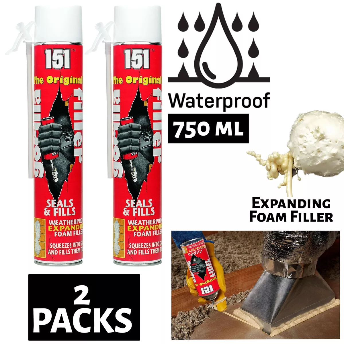 2x Gorilla Filler Weatherproof Expanding Foam Fills Seals Cracks & Gaps  750ml