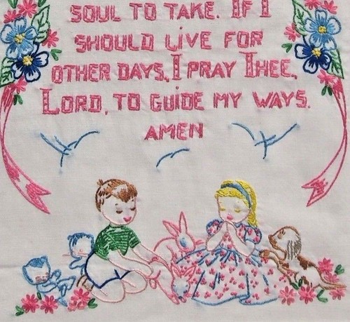 * Vintage Completed Embroidery NOW I LAY ME DOWN PRAYER Unframed - Bild 2 von 4