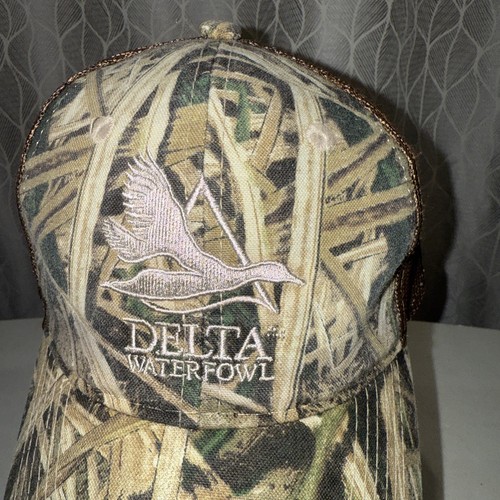 Delta Waterfowl w Silver Goose in Sliver on Camouflage Brown Trucker Hat Cap EUC - Picture 2 of 11