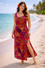 Chico’s Design Maxi Dress 2X 14/16 Silk Linen Blend Tropical Red Sleeveless EUC