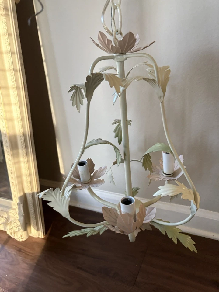 CANDELABRO ESTILO JAULA TOLE LÁMPARA DE TECHO LUCES MARFIL ROSA Y HOJAS VERDES Foto 3 de 4