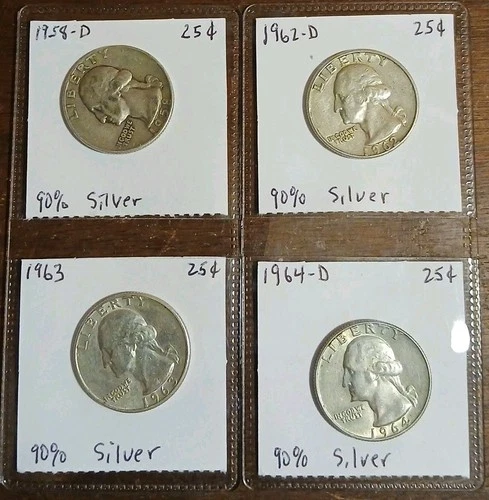 Lot of 4 90% Silver Washington Quarters (1958-D)(1962-D)(1963)(1964-D) Junk Ag