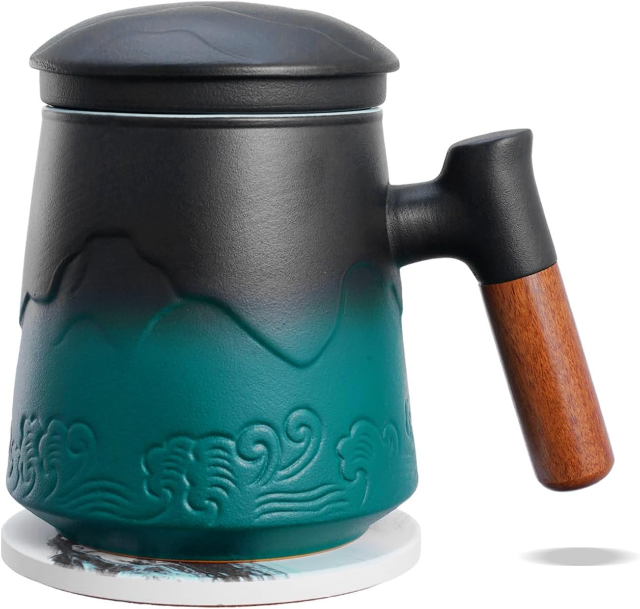 Tea Mug with Infuser and Lid for Loose Leaf Tea Steeper, 15.2oz Wood Handle Cera